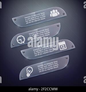 Business Infografik Glas horizontale Banner mit Text und Symbolen auf Dunkel gestreifte Hintergrund isoliert Vektor-Illustration Stock Vektor