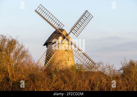 Blick auf die Stembridge Mill in High Ham in Somerset.die letzte verbleibende Strohwindmühle in Somerset. Stockfoto