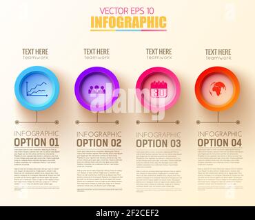 Digital Business Infografik Konzept mit vier bunten runden Tasten und Symbole auf Vektorgrafik mit hellem Hintergrund Stock Vektor