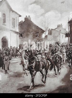 WWI - General Pertab Singh aka Pratap Singh) eadhing die Jodhpur Lancers durch ein französisches Dorf --- Leutnant-General Sir Pratap Singh, ( 1845 - 1922) war eine Karriere British Indian Army Officer sowie als der Maharaja des fürstlichen Staates Idar (Gujarat) . Er war in der Nähe von Königin Victoria und der britischen königlichen Familie und diente als Adide-de-Camp zu Edward VII. Stockfoto