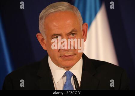 Jerusalem, Israel. März 2021, 11th. Der israelische Ministerpräsident Benjamin Netanjahu spricht während einer Pressekonferenz mit dem ungarischen Premierminister Viktor Orbán und dem tschechischen Premierminister Andrej Babiš bei ihrem Treffen am Donnerstag, dem 11. März 2021 in Jerusalem. Pool Foto von Abir Sultan/UPI Kredit: UPI/Alamy Live Nachrichten Stockfoto