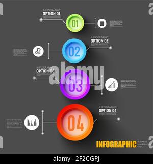 Infografik zu Geschäftsschritten Konzept mit Satz von Web-Icons und Option nummerierte Tasten auf schwarzem Hintergrund flache Vektor Illustration Stock Vektor