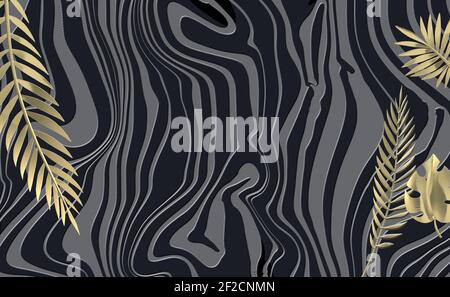 Abstrakter Zebra-Hintergrund mit goldenen tropischen Blättern, gewelltes schwarzes Gold schönes Muster. Safari, Tierzoo natürlichen Hintergrund afrikanischen Tier-Design. Horizontaler Hintergrund. Abbildung Stockfoto