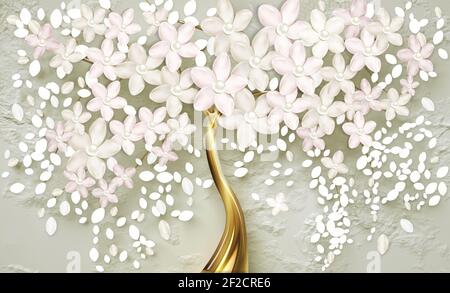 3d Tapete für Wand. Wandbild Baum mit goldenen Stiel und goldene Perle mit weißen Blumen. Abstrakt floralen Hintergrund . Stockfoto