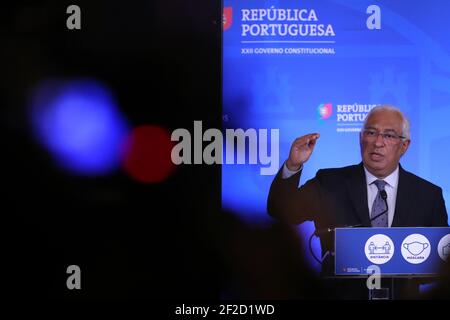 Lissabon, Portugal. März 2021, 11th. Der portugiesische Premierminister Antonio Costa hält eine Pressekonferenz ab, um am 11. März 2021 im Ajuda-Palast in Lissabon, Portugal, den Plan zur Lockerung der COVID-19-Coronavirus-Beschränkungen bekannt zu geben. Quelle: Pedro Fiuza/ZUMA Wire/Alamy Live News Stockfoto