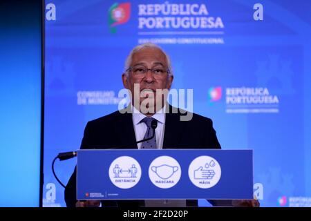 Lissabon, Portugal. März 2021, 11th. Der portugiesische Premierminister Antonio Costa hält eine Pressekonferenz ab, um am 11. März 2021 im Ajuda-Palast in Lissabon, Portugal, den Plan zur Lockerung der COVID-19-Coronavirus-Beschränkungen bekannt zu geben. Quelle: Pedro Fiuza/ZUMA Wire/Alamy Live News Stockfoto