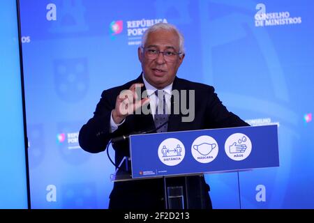 Lissabon, Portugal. März 2021, 11th. Der portugiesische Premierminister Antonio Costa hält eine Pressekonferenz ab, um am 11. März 2021 im Ajuda-Palast in Lissabon, Portugal, den Plan zur Lockerung der COVID-19-Coronavirus-Beschränkungen bekannt zu geben. Quelle: Pedro Fiuza/ZUMA Wire/Alamy Live News Stockfoto