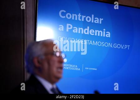 Lissabon, Portugal. März 2021, 11th. Der portugiesische Premierminister Antonio Costa hält eine Pressekonferenz ab, um am 11. März 2021 im Ajuda-Palast in Lissabon, Portugal, den Plan zur Lockerung der COVID-19-Coronavirus-Beschränkungen bekannt zu geben. Quelle: Pedro Fiuza/ZUMA Wire/Alamy Live News Stockfoto