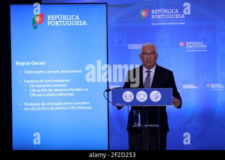 Lissabon, Portugal. März 2021, 11th. Der portugiesische Premierminister Antonio Costa hält eine Pressekonferenz ab, um am 11. März 2021 im Ajuda-Palast in Lissabon, Portugal, den Plan zur Lockerung der COVID-19-Coronavirus-Beschränkungen bekannt zu geben. Quelle: Pedro Fiuza/ZUMA Wire/Alamy Live News Stockfoto