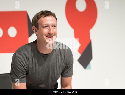 Mark Zuckerberg spricht auf dem Mobile World Congress 2015, FIA Barcelona Gran Via Conference Center - Barcelona Stockfoto