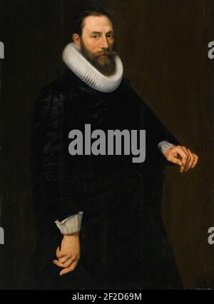 Porträt eines Bartmannes, dreiviertel lang, mit einem Ruff von Cornelis van der Voort. Stockfoto