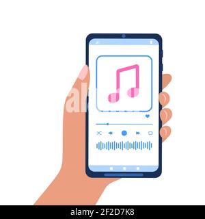 Smartphone mit Handhaltung und Audio-Player-Schnittstelle auf dem Bildschirm. Playlist-App für Mobilgeräte. Hören Podcast, Musik oder Online-Radio-Konzept. Vektorgrafik flach. Stock Vektor