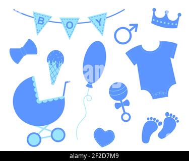 Baby Boy Duschset. Elemente für Grußkarten und Einladungen. Blaue Ammer mit Text Junge, Krone, Body, Lätzchen, Fußabdruck, Kinderwagen, Rassel, Bogen, Ballon, Eis, Herz. Vektorgrafik flach. Stock Vektor