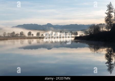 Sikes Lake reflektiert sich wie ein Spiegel an einem ruhigen Morgen Unter pastellblauem Himmel im Snoqualmie Valley of King County im Westen von Washington Stockfoto