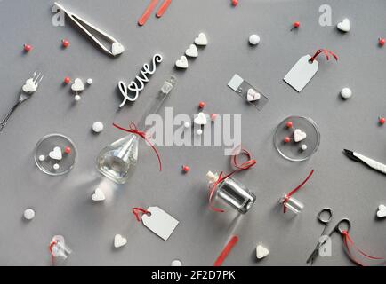 Chemie der Liebe. Kreative flache Lay auf grauem Papier. Draufsicht mit chemischen Glaswaren, Petrischalen, Liebesmolekülen, Zuckerherzen, Scheren, Pinzette Stockfoto