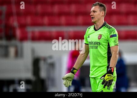 PIRÄUS, GRIECHENLAND - 12. MÄRZ: Torwart Bemd Leno des Arsenal FC während der Olympiacos gegen Arsenal - UEFA Europa League Runde von 16 Bein ein Spiel zwischen Olympiacos FC und Arsenal FC im Georgios Karaiskakisstadion am 12. März 2021 in Piräus, Griechenland (Foto von Eurokinissie/Orange Pictures) Kredit: Orange Pics BV/Alamy Live News Stockfoto