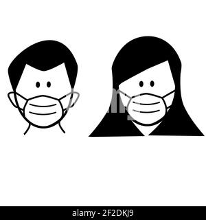 Mann und Frau in medizinischen Gesichtsschutz Maske. Persönliche Schutzausrüstung. Gesichtsmaske Verwendung. Flacher Stil. Stockfoto