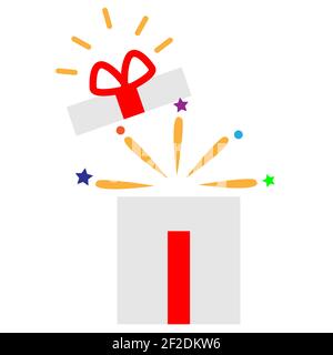 Offene Geschenkbox Symbol auf weißem Hintergrund. Flacher Stil. Offene Geschenkbox mit glänzendem Licht und Konfetti. Magische Box Zeichen. Überraschende Geschenk-Symbol. Spezielle c Stockfoto