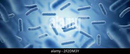 Bakterien. Bakterium. Blaue Farbe. Prokaryotische Mikroorganismen. 3D Abbildung. Banner Stockfoto