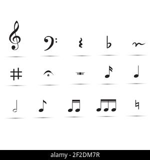 Set von Noten und Symbole. Set von Noten auf weißem Hintergrund. Musiknotesammlung. Stockfoto