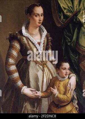 Portrait-of-Isabella-de-Medici-Orsini-mit-ihrem-Sohn-Virginio-by-Alessandro-Allori-1574. Stockfoto