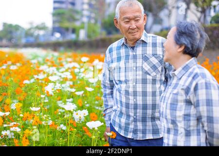 Glückliches asiatisches Seniorenpaar, das im Garten in der Stadt spazierengeht parken Stockfoto
