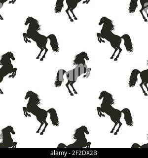 Vektor nahtlose Muster mit handgezeichneten Silhouetten Aufzucht Pferd. In schwarz-weißen Farben. Stock Vektor