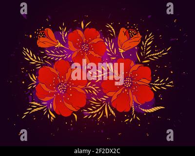 Vektor handgezeichnete Illustration mit Blumen auf texturiertem Aquarell Hintergrund. In lila und roten Farben. Stock Vektor