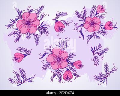Vektor-Set von Hand gezeichneten Blumen, Zweige und Blätter auf texturiertem Hintergrund. In rosa und lila Farben. Stock Vektor