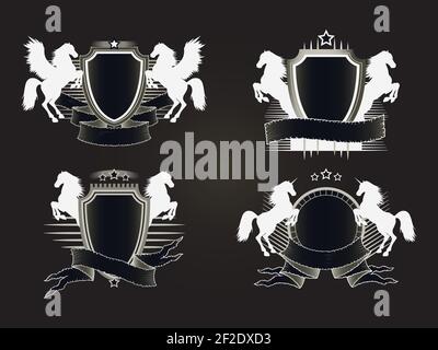 Vektor-Set von Schilden mit alten zerfetzten Banner und Silhouetten Aufzucht Pferde, Pegasus. In dunklen Farben. Verwendeter Gradient. Stock Vektor