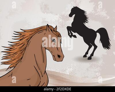 Vektor handgezeichnete Illustration mit Pferdekopf und Silhouette Aufzucht Pferd auf texturiertem Hintergrund. Stock Vektor
