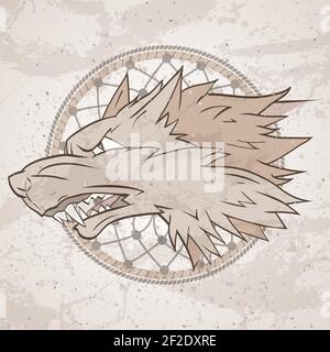 Vektor-Illustration mit Wolfskopf und Traumfänger auf grange Hintergrund. Brüllender Wolf. Stock Vektor