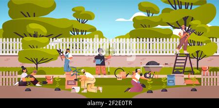 Gärtner, die sich um Pflanzen kümmern Menschen arbeiten zusammen, Pflanzen Gärten Blumen im Hinterhof Gartenarbeit Konzept volle Länge horizontale Vektor-Illustration Stock Vektor