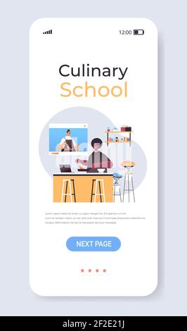 Mann Lebensmittel Blogger Vorbereitung Gericht afroamerikanischen Kerl beobachten Video Tutorial mit männlichen Chef im Web-Browser-Fenster online Kochen Konzept Copy Space vertikale Vektor-Illustration Stock Vektor