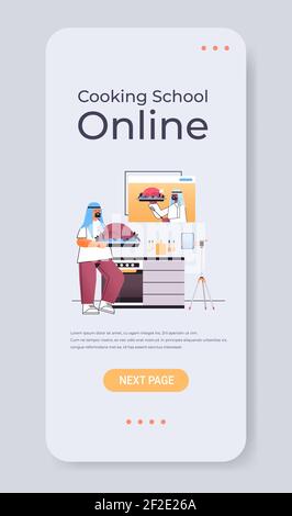 arab Mann Lebensmittel Blogger Vorbereitung türkei und beobachten Video-Tutorial Mit arabischen Koch im Web-Browser-Fenster online Kochschule Konzept vertikale Kopie Raum Vektor-Illustration Stock Vektor