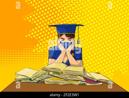 Studentin bereitet sich mit vielen Büchern auf Prüfungen vor, trägt Abschlusskappe und Maske. Hochschulabschluss oder Abitur. Comic-Stil Stock Vektor