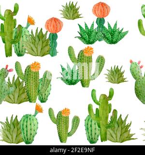 Aquarell von Hand gezeichnet nahtloses Muster von tropischen mexikanischen Kakteen Kakteen Sukkulenten. Grüne natürliche Haus Pflanzen in Töpfen botanischen illsutration drucken Innenarchitektur Dekoration für Tapete Textil Stockfoto