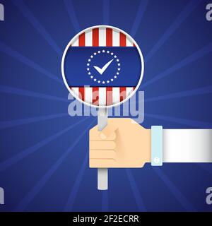 Präsidentschaftswahl flaches Konzept mit Handlupe mit USA Markierung auf blauer radialer Hintergrundvektordarstellung Stock Vektor