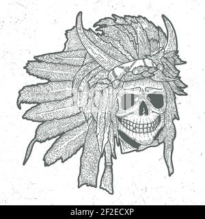 Indisches Totenkopf Maske Poster im Holzschnitt Stil mit Hörner Vektor Abbildung Stock Vektor