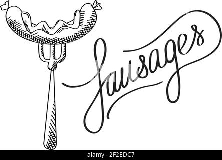 Typografisches Barbecue Zeit Design Konzept mit kalligraphischen stilvolle Aufschrift Würste Und Wurst auf Gabel isoliert Vektor-Illustration Stock Vektor