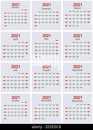 Monatskalendervorlage für 2021 mit Tagesdatum. Die Woche beginnt am Sonntag. Flacher Style. Vektorillust Stock Vektor