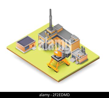 Factory Objects Design Konzept auf gelber Platte mit Industriekonstruktionen, farbige Gebäude, Hebezeuge und verschiedene Objekte Konzept vecto Stock Vektor