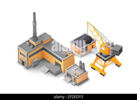 Factory Objects Design-Konzept auf weißem Hintergrund mit Industriebauten, gelben und grauen Gebäuden, Maschine und verschiedenen Werkzeugen Konzept vecto Stock Vektor
