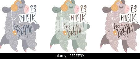 Sei Musik, Kein Drama. Set von niedlichen Locken Lamas in Kopfhörer mit einem Musik-Player. Illustration mit Schriftzug für Malvorlagen, Kinderdrucke und pu Stock Vektor