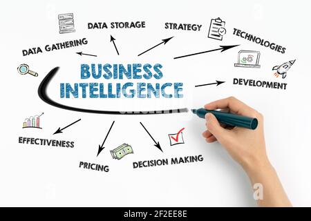 BUSINESS INTELLIGENCE. Datenerhebung, Strategie, Entwicklung und Effektivitätskonzept. Diagramm mit Schlüsselwörtern und Symbolen auf weißem Hintergrund Stockfoto