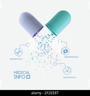 Abstrakte Medizin Infografik Konzept mit medizinischen geöffneten Kapsel Pille drei Optionen und Symbole isolierte Vektordarstellung Stock Vektor