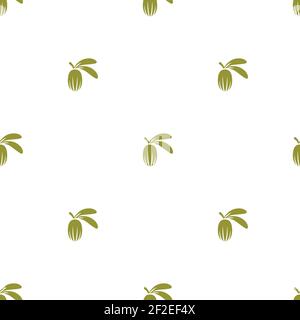 Shea Nuss grün nahtlose Muster auf weißem Hintergrund. Vitellaria Schönheit und Kosmetik Ornament. Kosmetik-Inhaltsstoff Tapete. Nähröl für die Haut Stock Vektor