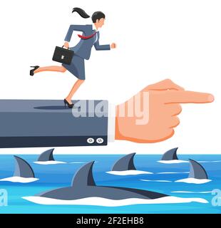 Geschäftsfrau läuft auf der Hand über Hai im Wasser. Geschäftsfrau im Anzug. Hindernis auf der Straße, Finanzkrise. Teamarbeit, Zusammenarbeit. Herausforderung Risikomanagement. Flache Vektorgrafik Stock Vektor