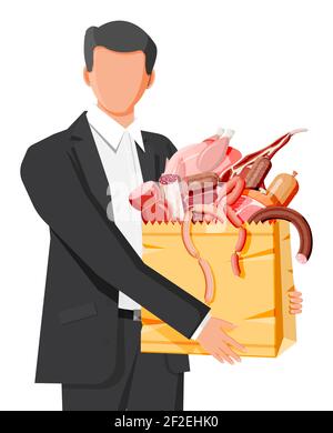 Mann mit Supermarkt-Einkaufstasche voller Fleisch. Hacken, Würstchen, Speck, Schinken. Marmoriertes Rindfleisch. Metzgerei, Steakhouse, Bio-Produkte auf dem Bauernhof. Lebensmittel. Schweinesteak. Flache Vektorgrafik Stock Vektor