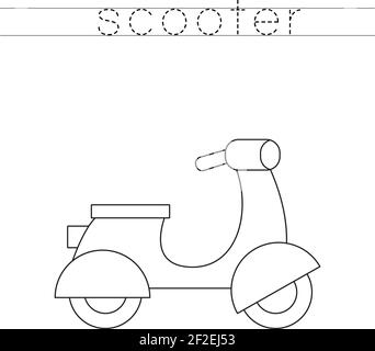 Verfolgen Sie das Wort. Farbe Motorroller. Handschriftübungen für Kinder im Vorschulalter. Stock Vektor